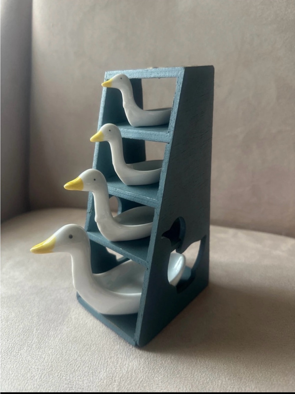 Vintage Blue Wooden Nesting Duck Shelf with White Ceramic Ducks Measuring Spoons